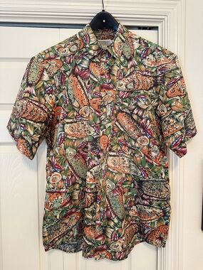 Vintage Banana Republic Shirt Mens Medium Fish Print Safari Travel Cotton 90s